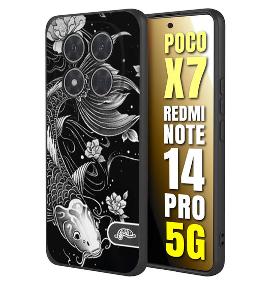 CUSTOMIZZA - Custodia cover nera morbida in tpu compatibile per Xiaomi Redmi Note 14 PRO 5G carpa koi black and white bianco a rilievo disegnato tattoo tatuaggio