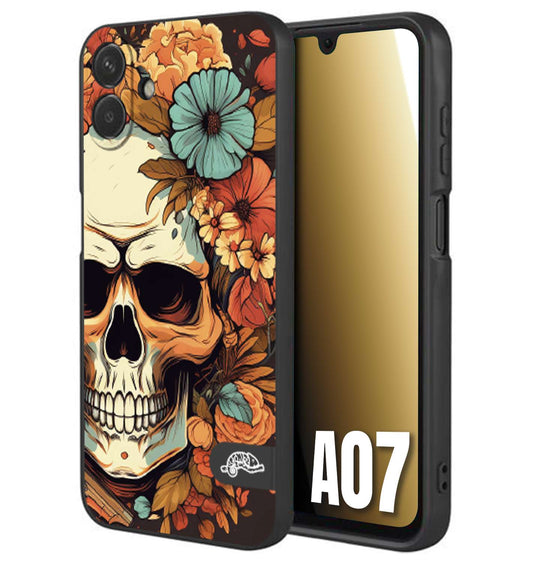CUSTOMIZZA - Custodia cover nera morbida in tpu compatibile per Samsung A07 teschio skull flowers fiori autunnali arancio celeste tattoo