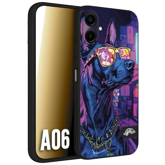 CUSTOMIZZA - Custodia cover nera morbida in tpu compatibile per Samsung A06 animali cyberpunk dobermann cane street dog fucsia blu night