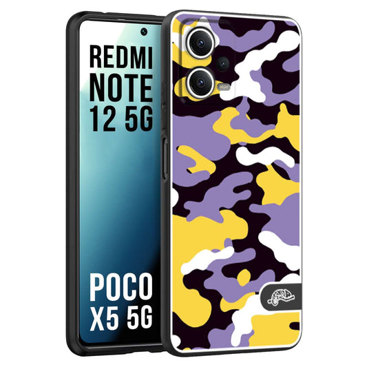 CUSTOMIZZA - Custodia cover nera morbida in tpu compatibile per Xiaomi Redmi Note 12 5G - POCO X5 5G camouflage mimetico militare viola lilla giallo
