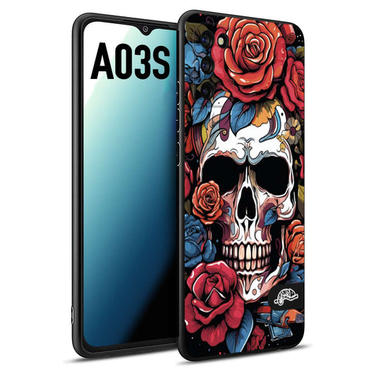 CUSTOMIZZA - Custodia cover nera morbida in tpu compatibile per Samsung A03S teschio skull flowers fiori rose rosse tattoo disegnato