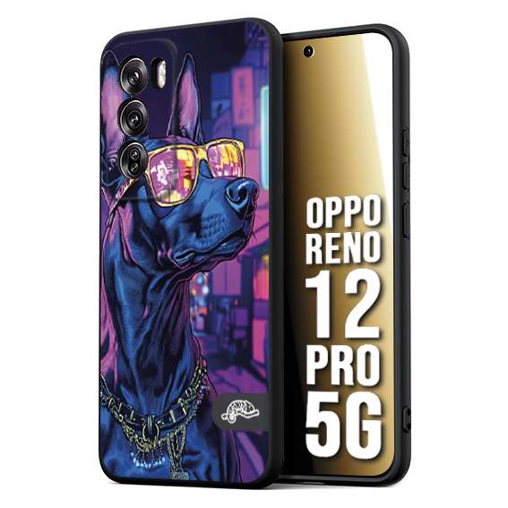 CUSTOMIZZA - Custodia cover nera morbida in tpu compatibile per Oppo Reno 12 PRO 5G animali cyberpunk dobermann cane street dog fucsia blu night