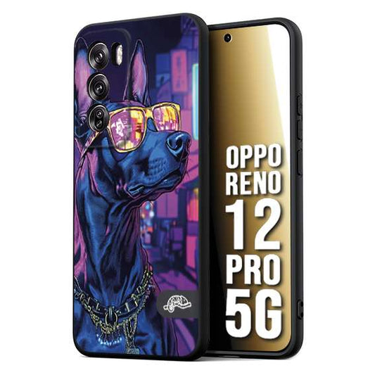 CUSTOMIZZA - Custodia cover nera morbida in tpu compatibile per Oppo Reno 12 PRO 5G animali cyberpunk dobermann cane street dog fucsia blu night