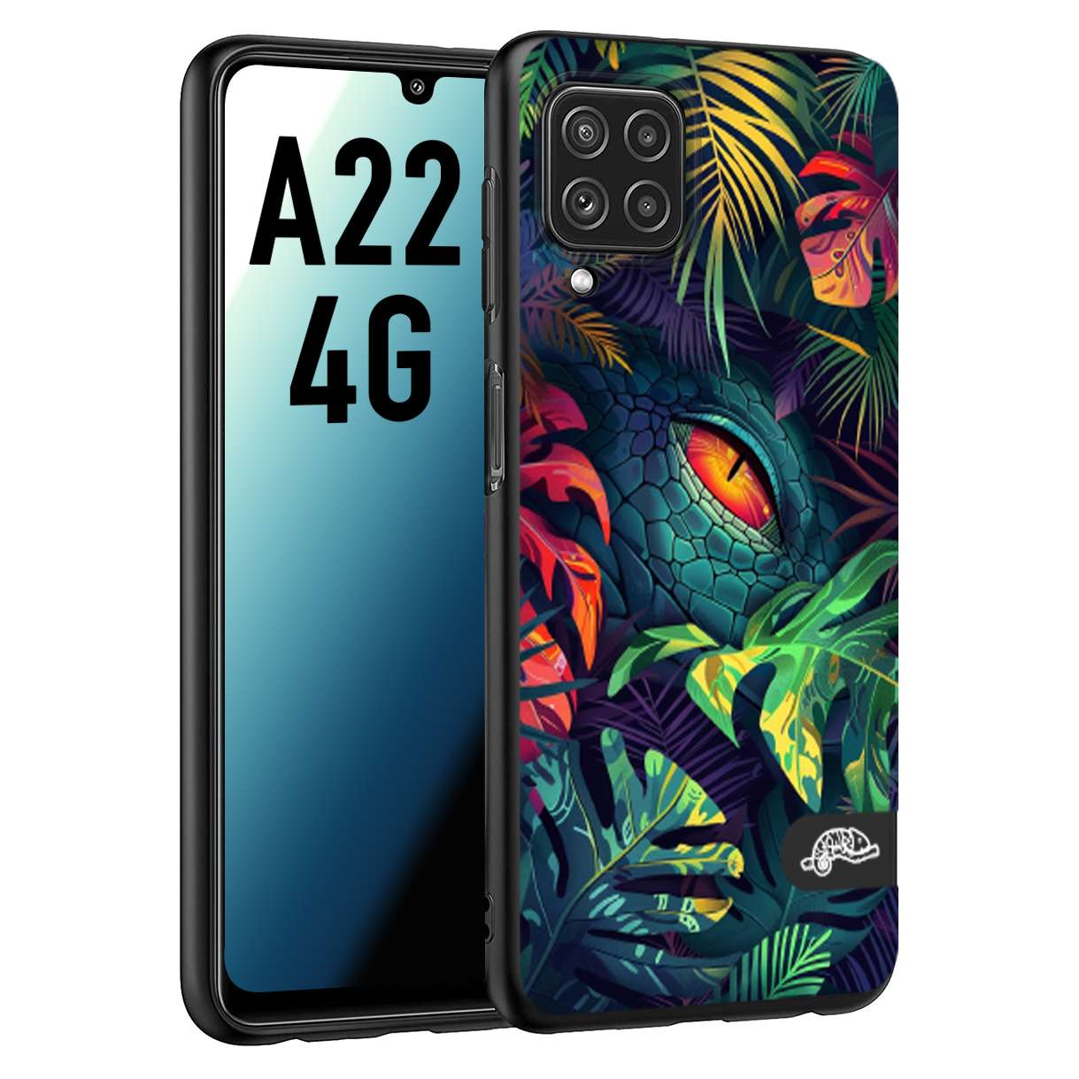 CUSTOMIZZA - Custodia cover nera morbida in tpu compatibile per Samsung A22 4G animali color giungla tropicale occhio di coccodrillo alligatore disegnato