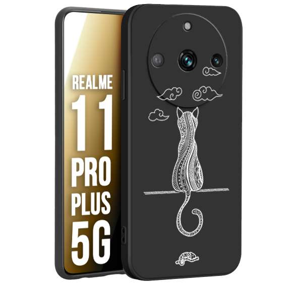 CUSTOMIZZA - Custodia cover nera morbida in tpu compatibile per Realme 11 PRO PLUS 5G gatto mandala stilizzato gattino a rilievo soft touch donna bianca