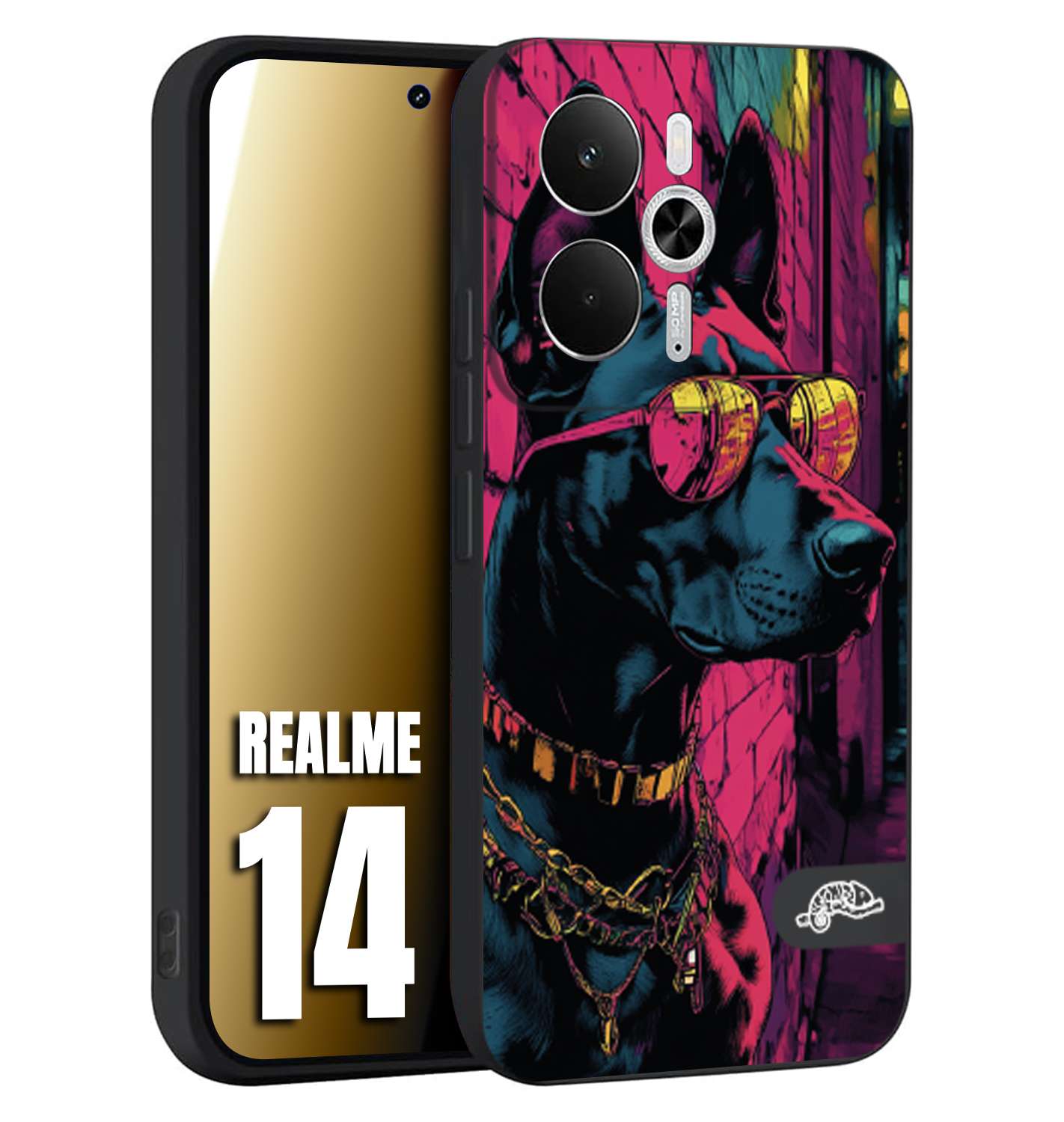 CUSTOMIZZA - Custodia cover nera morbida in tpu compatibile per Realme 14 5G animali cyberpunk dobermann cane street dog fucsia blu