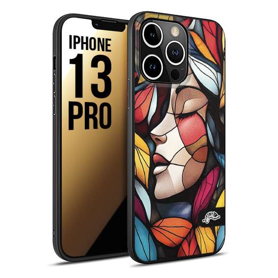 CUSTOMIZZA - Custodia cover nera morbida in tpu compatibile per iPhone 13 PRO Vetrata artistica volto di donna profilo fogliare mosaico di vetro colorato
