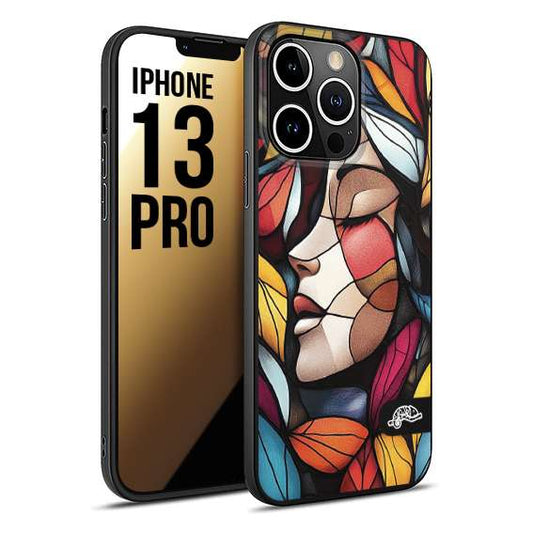 CUSTOMIZZA - Custodia cover nera morbida in tpu compatibile per iPhone 13 PRO Vetrata artistica volto di donna profilo fogliare mosaico di vetro colorato