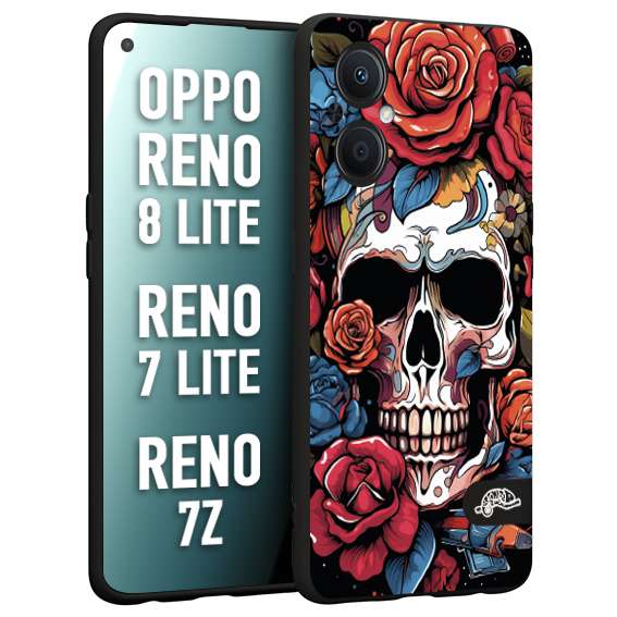 CUSTOMIZZA - Custodia cover nera morbida in tpu compatibile per Oppo Reno 7 Lite - 8 Lite - 7Z teschio skull flowers fiori rose rosse tattoo disegnato