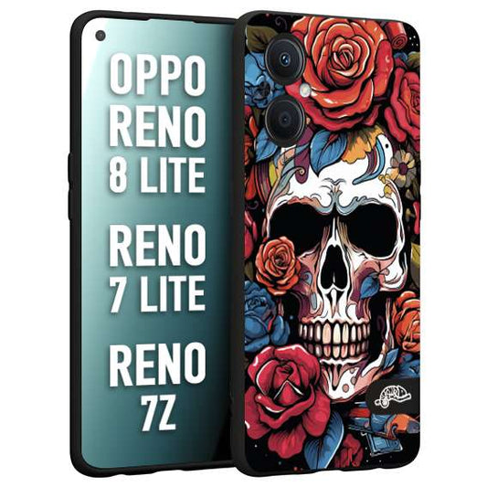 CUSTOMIZZA - Custodia cover nera morbida in tpu compatibile per Oppo Reno 7 Lite - 8 Lite - 7Z teschio skull flowers fiori rose rosse tattoo disegnato