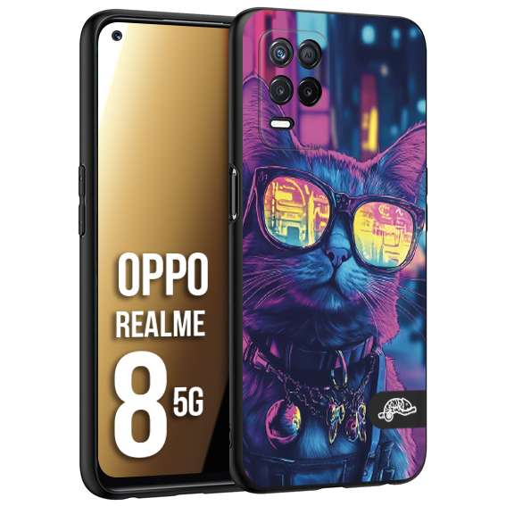 CUSTOMIZZA - Custodia cover nera morbida in tpu compatibile per Realme 8 5G animali cyberpunk gatto street cat fucsia blu giallo