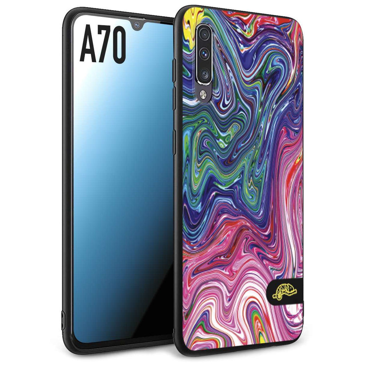 CUSTOMIZZA - Custodia cover nera morbida in tpu compatibile per Samsung A70 colorata fantasia vortice marmo arcobaleno rosa blu fucsia