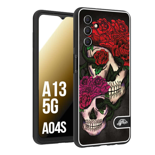 CUSTOMIZZA - Custodia cover nera morbida in tpu compatibile per Samsung A04S - A13 5G teschi e rose rosse fucsia skull and roses