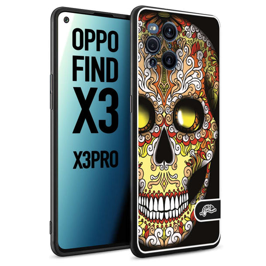 CUSTOMIZZA - Custodia cover nera morbida in tpu compatibile per Oppo Find X3 - Find X3 Pro 5G teschio messicano Mexican skull giallo rosso arancio