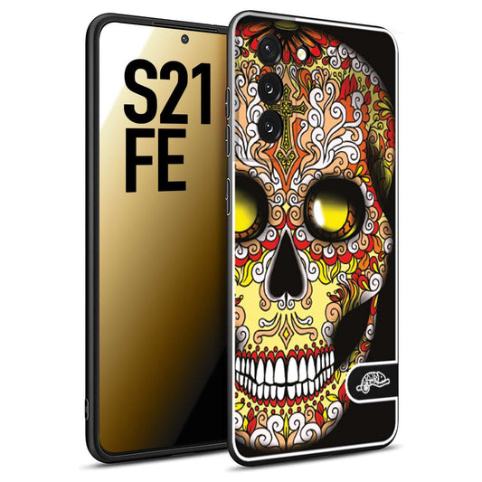 CUSTOMIZZA - Custodia cover nera morbida in tpu compatibile per Samsung S21 FE teschio messicano Mexican skull giallo rosso arancio