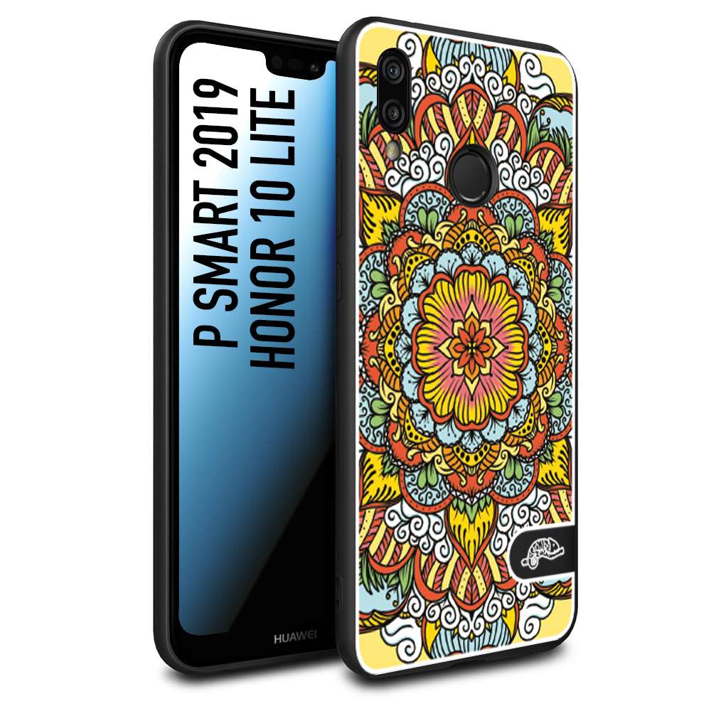 CUSTOMIZZA - Custodia cover nera morbida in tpu compatibile per Huawei P Smart 2019 mandala colorato fiore nuvole arancione