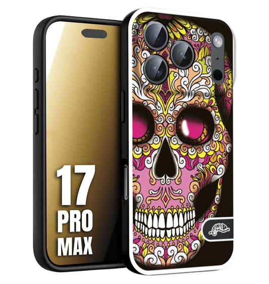 CUSTOMIZZA - Custodia cover nera morbida in tpu compatibile per iPhone 17 PRO MAX teschio messicano Mexican skull rosa gialla
