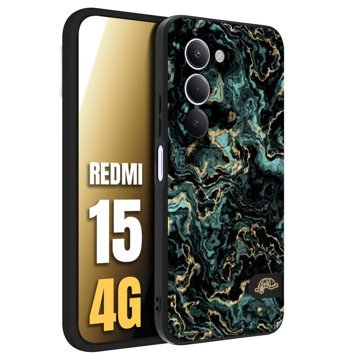 CUSTOMIZZA - Custodia cover nera morbida in tpu compatibile per Xiaomi Redmi 15 4G effetto marmo marble verde green venature dorato pietra