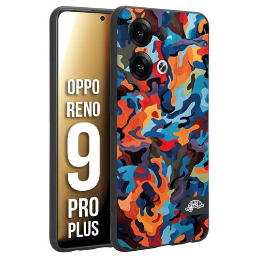 CUSTOMIZZA - Custodia cover nera morbida in tpu compatibile per Oppo Reno 9 PRO PLUS camouflage mimetico militare moderno blu arancio rosso