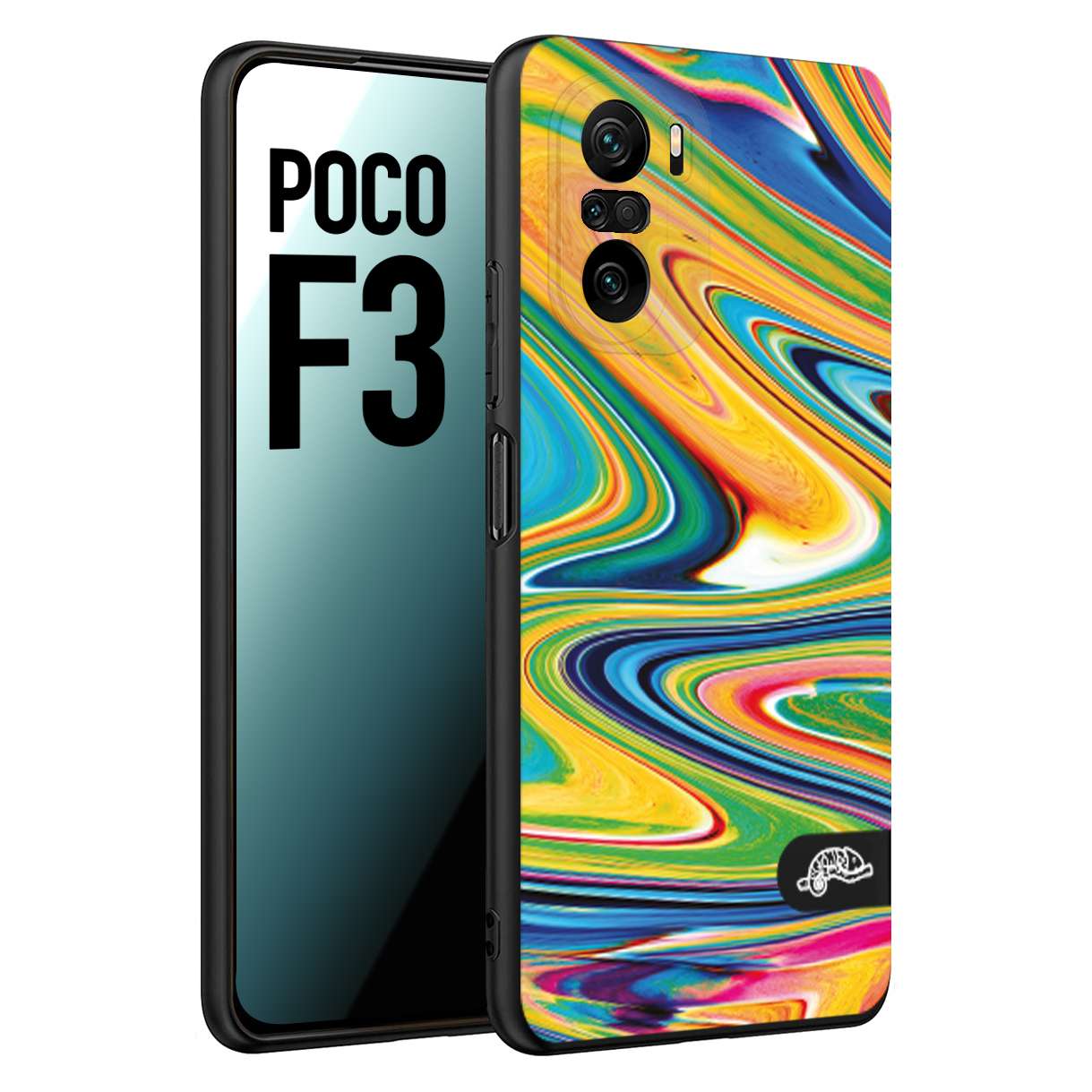 CUSTOMIZZA - Custodia cover nera morbida in tpu compatibile per Xiaomi Poco F3 colorata fantasia vortice marmo arcobaleno gialla verde blu