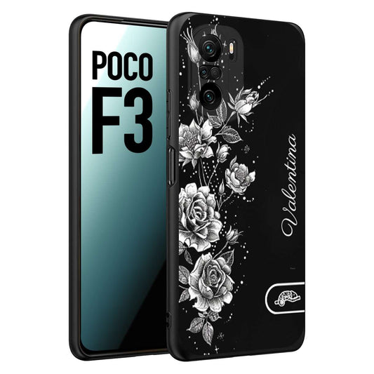 CUSTOMIZZA - Custodia cover nera morbida in tpu compatibile per Xiaomi Poco F3 a rilievo soft touch personalizzata nome rose fiori donna