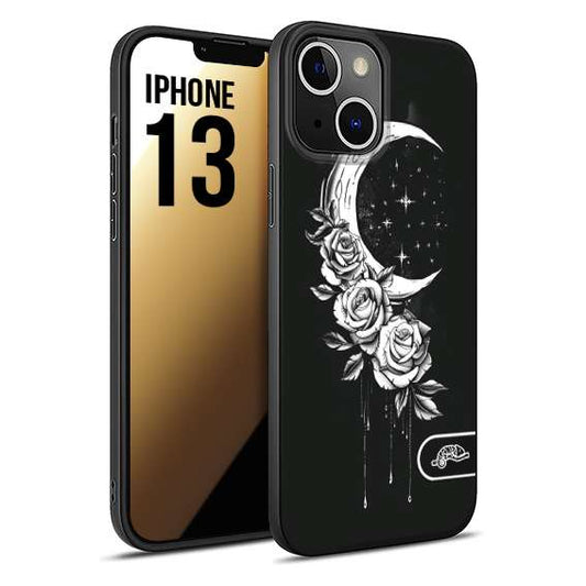 CUSTOMIZZA - Custodia cover nera morbida in tpu compatibile per iPhone 13 luna e fiori moon flowers black and white bianco a rilievo disegnato