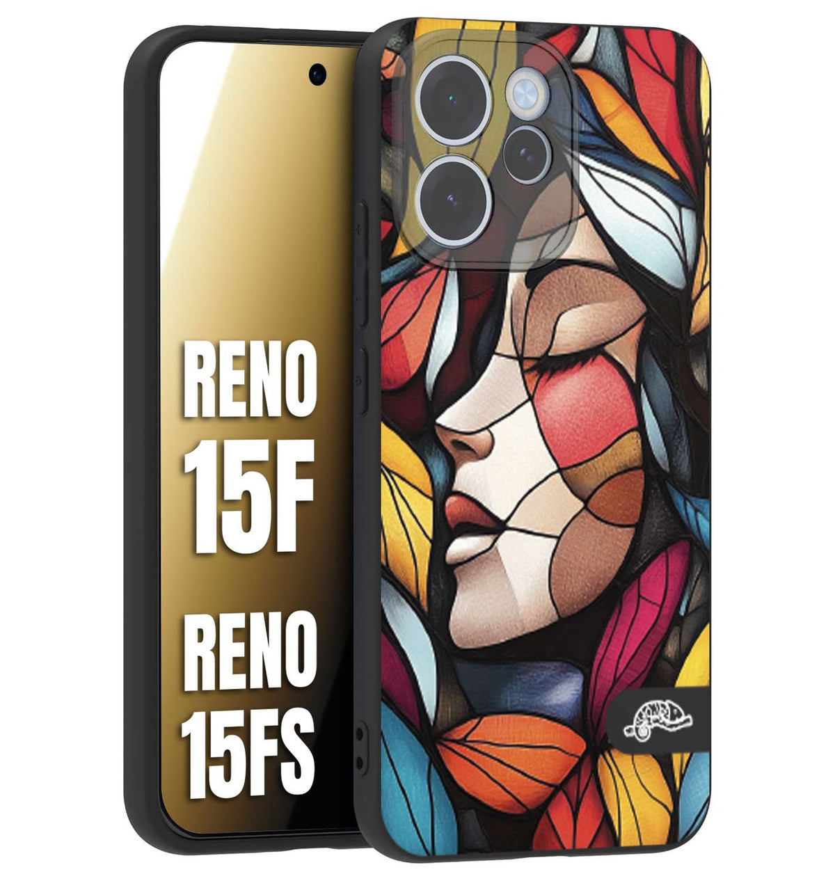 CUSTOMIZZA - Custodia cover nera morbida in tpu compatibile per Oppo Reno 15 F - Reno 15 FS Vetrata artistica volto di donna profilo fogliare mosaico di vetro colorato