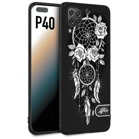 CUSTOMIZZA - Custodia cover nera morbida in tpu compatibile per Huawei P40 acchiappasogni dreamcatcher black and white bianco a rilievo disegnato tattoo tatuaggio