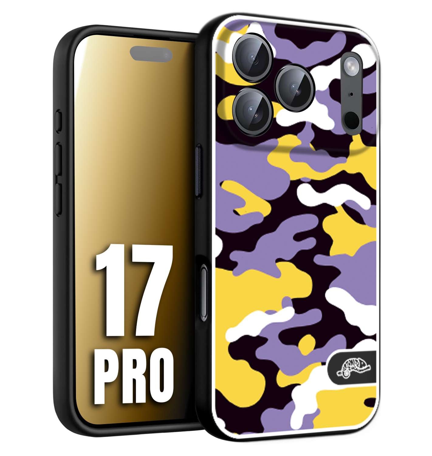 CUSTOMIZZA - Custodia cover nera morbida in tpu compatibile per iPhone 17 PRO camouflage mimetico militare viola lilla giallo