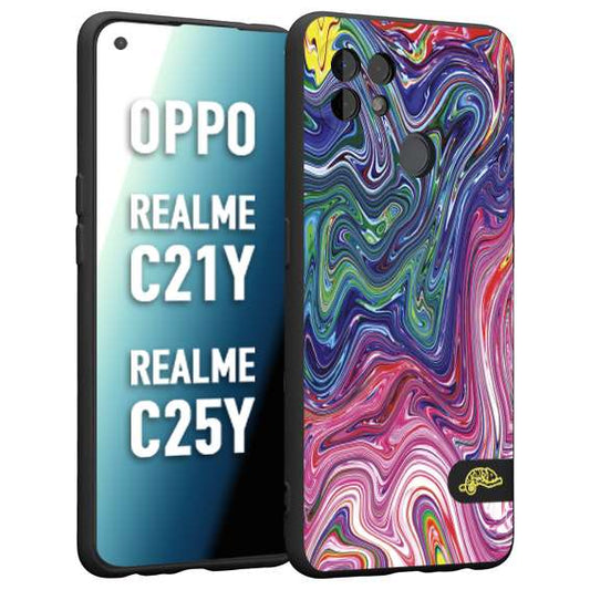 CUSTOMIZZA - Custodia cover nera morbida in tpu compatibile per Realme C21Y - C25Y colorata fantasia vortice marmo arcobaleno rosa blu fucsia