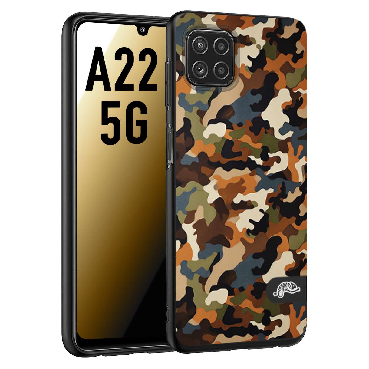 CUSTOMIZZA - Custodia cover nera morbida in tpu compatibile per Samsung A22 5G camouflage mimetico militare moderno blu marrone beige