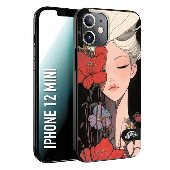 CUSTOMIZZA - Custodia cover nera morbida in tpu compatibile per iPhone 12 MINI woman flower Fantasia Floreale Design Donna e Fiori, Retro Artistico