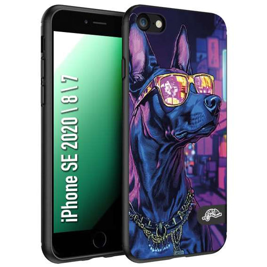 CUSTOMIZZA - Custodia cover nera morbida in tpu compatibile per iPhone 7 - 8 - SE 2020 / 2022 animali cyberpunk dobermann cane street dog fucsia blu night