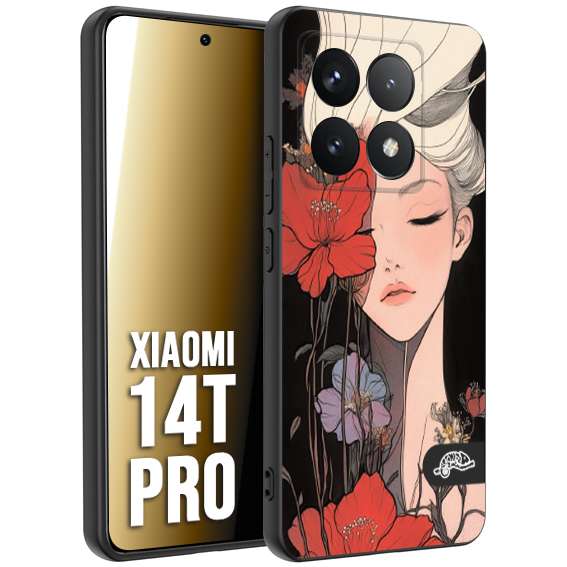 CUSTOMIZZA - Custodia cover nera morbida in tpu compatibile per Xiaomi 14T PRO woman flower Fantasia Floreale Design Donna e Fiori, Retro Artistico