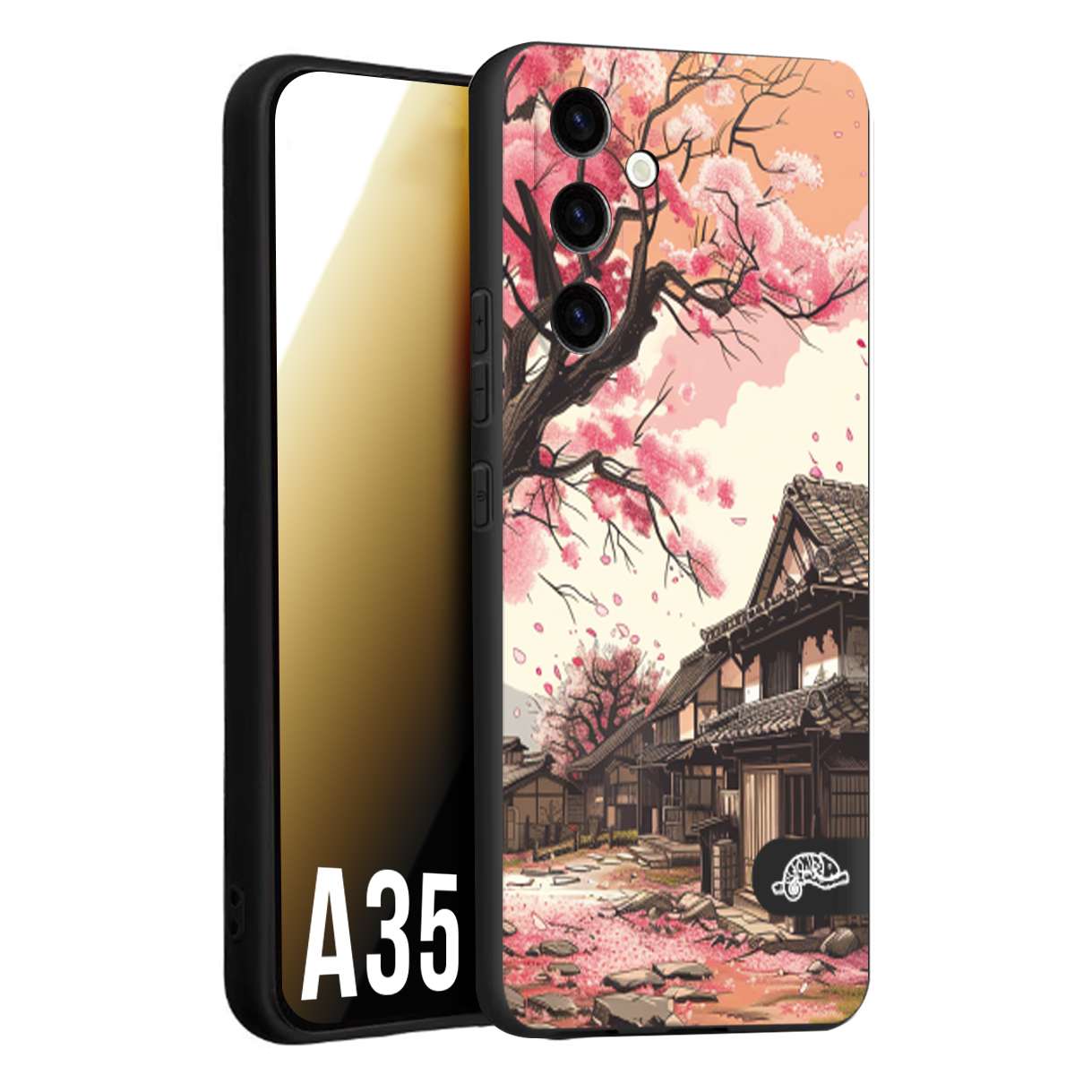 CUSTOMIZZA - Custodia cover nera morbida in tpu compatibile per Samsung A35 5G casa giapponese rosa ciliegio in fiore disegnata tattoo