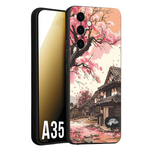 CUSTOMIZZA - Custodia cover nera morbida in tpu compatibile per Samsung A35 5G casa giapponese rosa ciliegio in fiore disegnata tattoo