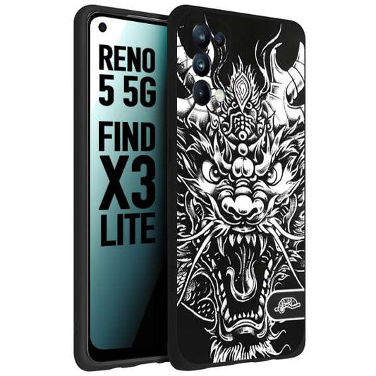 CUSTOMIZZA - Custodia cover nera morbida in tpu compatibile per Oppo Reno 5 5G drago black and white bianco a rilievo disegnato tattoo tatuaggio