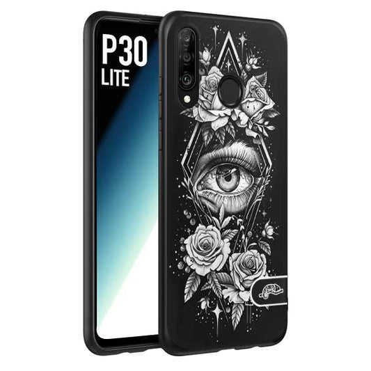 CUSTOMIZZA - Custodia cover nera morbida in tpu compatibile per Huawei P30 LITE occhio fiori rombo geometrico black and white bianco a rilievo disegnato tattoo tatuaggio