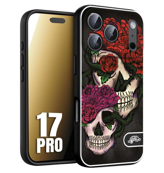 CUSTOMIZZA - Custodia cover nera morbida in tpu compatibile per iPhone 17 PRO teschi e rose rosse fucsia skull and roses