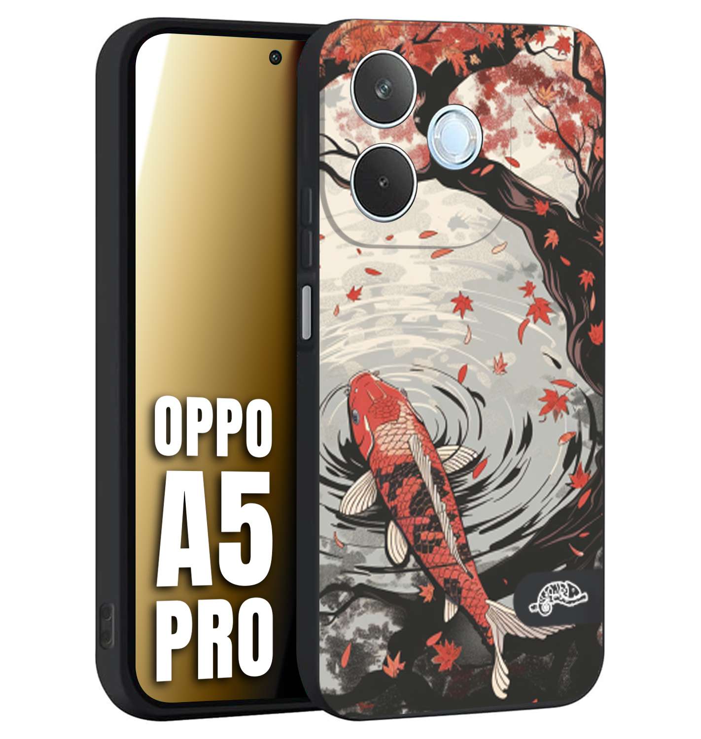 CUSTOMIZZA - Custodia cover nera morbida in tpu compatibile per Oppo A5 PRO giapponese lago carpa koi rossa con foglie d'acero rosso disegnata tattoo
