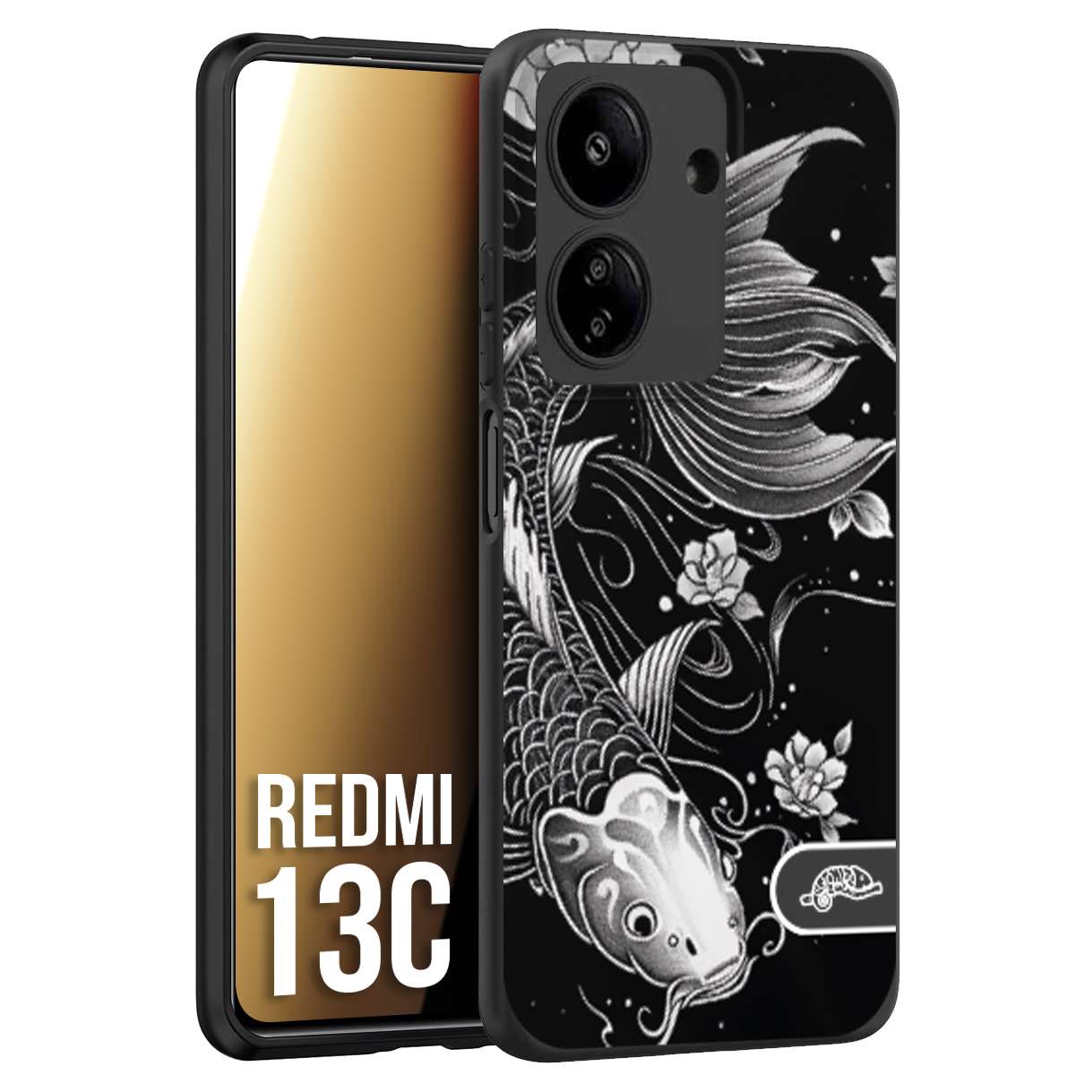 CUSTOMIZZA - Custodia cover nera morbida in tpu compatibile per Xiaomi Redmi 13C carpa koi black and white bianco a rilievo disegnato tattoo tatuaggio