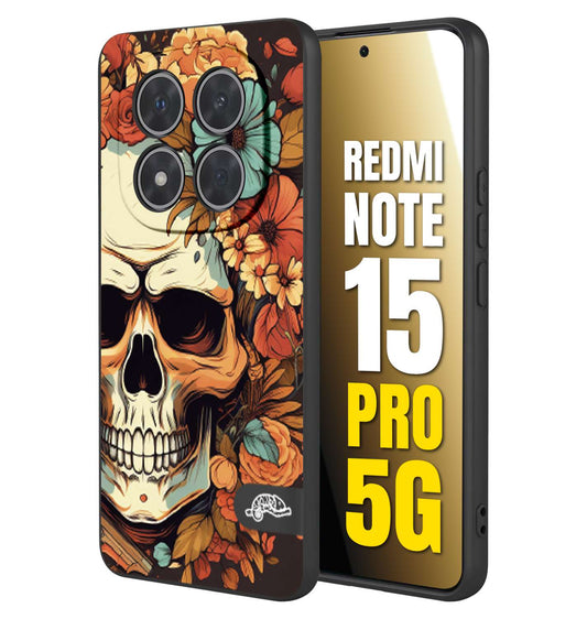 CUSTOMIZZA - Custodia cover nera morbida in tpu compatibile per Xiaomi Redmi Note 15 PRO 5G teschio skull flowers fiori autunnali arancio celeste tattoo