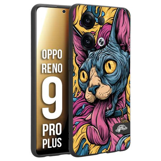 CUSTOMIZZA - Custodia cover nera morbida in tpu compatibile per Oppo Reno 9 PRO PLUS Sphynx Colorato Pop Art Psichedelico Gatto Blu Rosa Giallo Artistica Fantasy