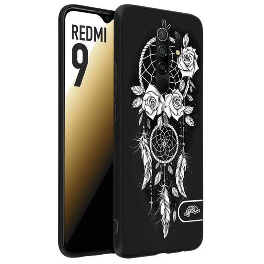 CUSTOMIZZA - Custodia cover nera morbida in tpu compatibile per Xiaomi Redmi 9 acchiappasogni dreamcatcher black and white bianco a rilievo disegnato tattoo tatuaggio