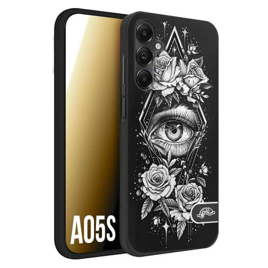 CUSTOMIZZA - Custodia cover nera morbida in tpu compatibile per Samsung A05S occhio fiori rombo geometrico black and white bianco a rilievo disegnato tattoo tatuaggio