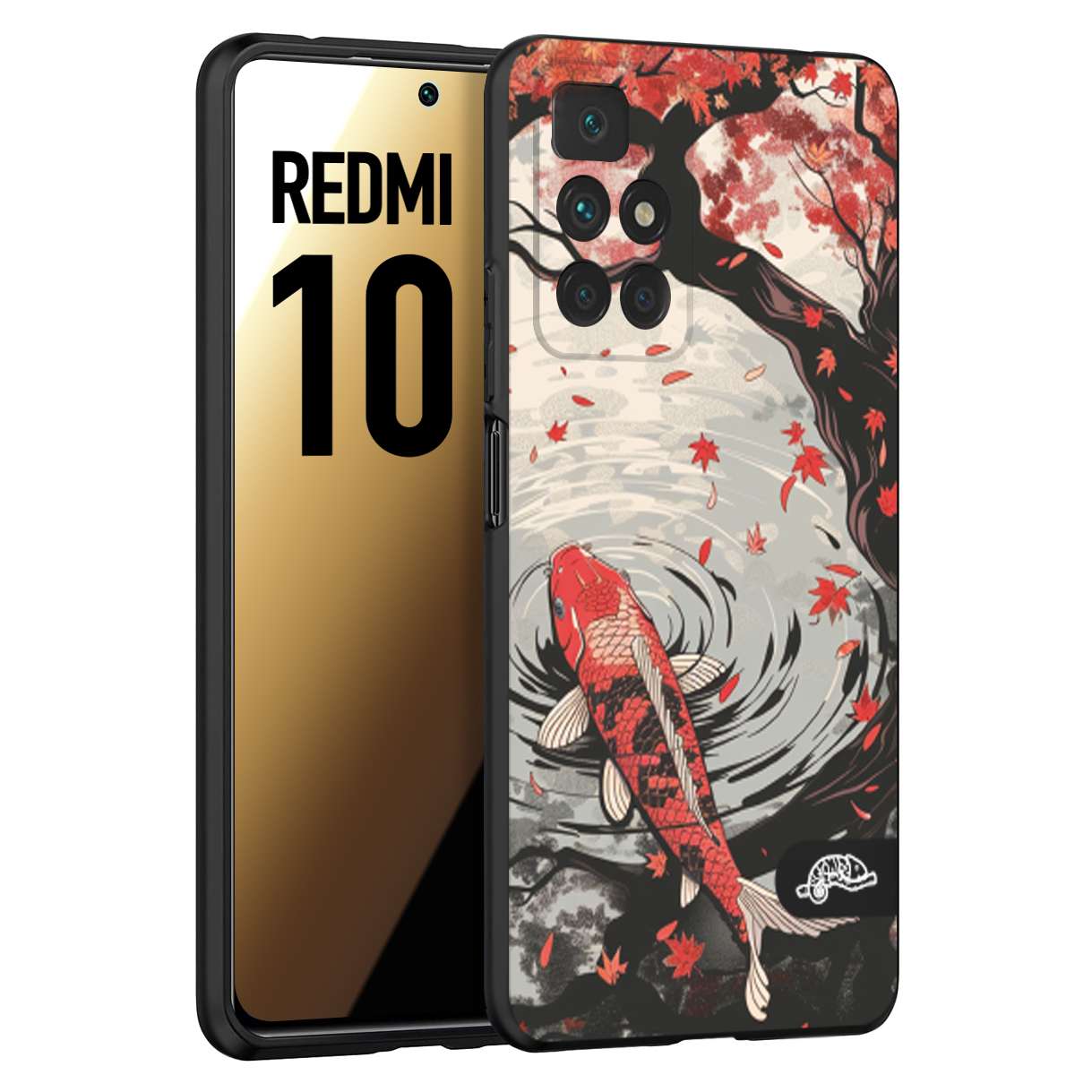 CUSTOMIZZA - Custodia cover nera morbida in tpu compatibile per Xiaomi Redmi 10 giapponese lago carpa koi rossa con foglie d'acero rosso disegnata tattoo