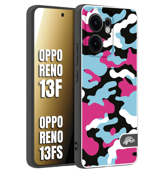 CUSTOMIZZA - Custodia cover nera morbida in tpu compatibile per Oppo Reno 13 F camouflage mimetico militare fucsia celeste