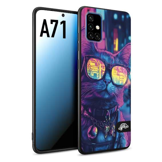 CUSTOMIZZA - Custodia cover nera morbida in tpu compatibile per Samsung A71 animali cyberpunk gatto street cat fucsia blu giallo