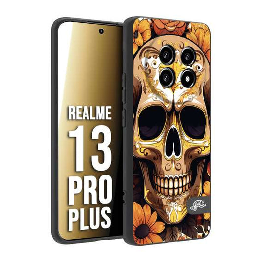CUSTOMIZZA - Custodia cover nera morbida in tpu compatibile per Realme 13 PRO PLUS teschio messicano colorato dorato fiori tattoo disegnato