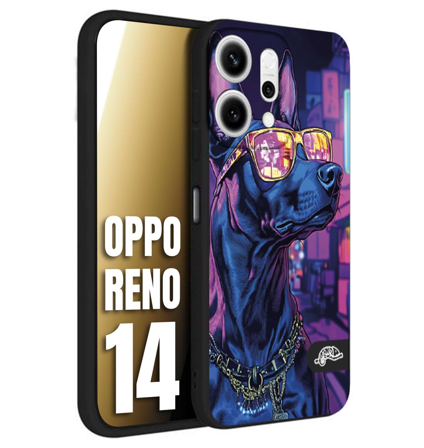 CUSTOMIZZA - Custodia cover nera morbida in tpu compatibile per Oppo Reno 14 animali cyberpunk dobermann cane street dog fucsia blu night